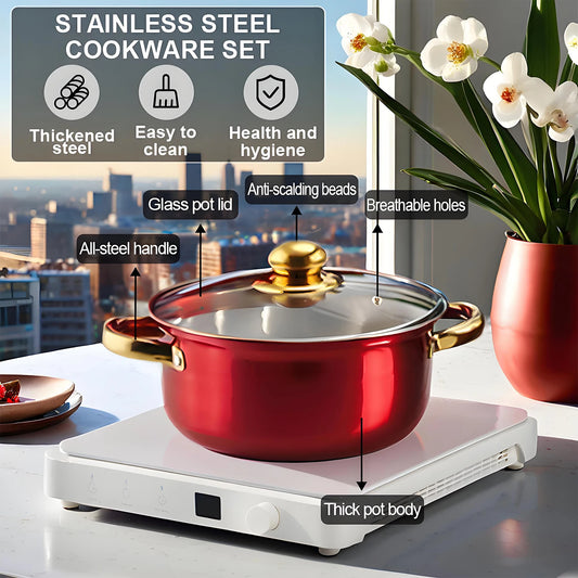 Red Cookware Set, 12-Piece Stainless Steel, Non-Stick, Complete Kitchen Solution