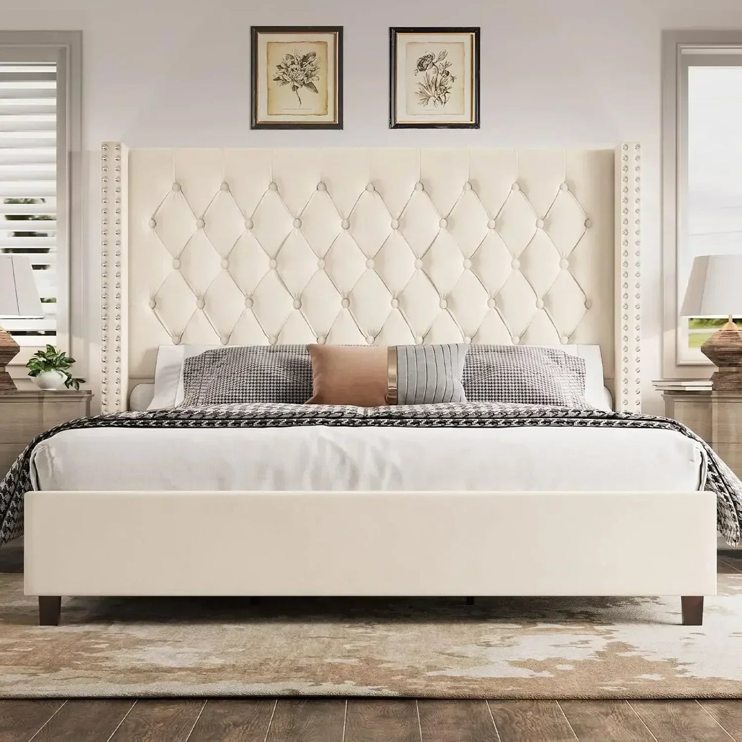 Velvet Deep Button Tufted King Platform Bed Frame