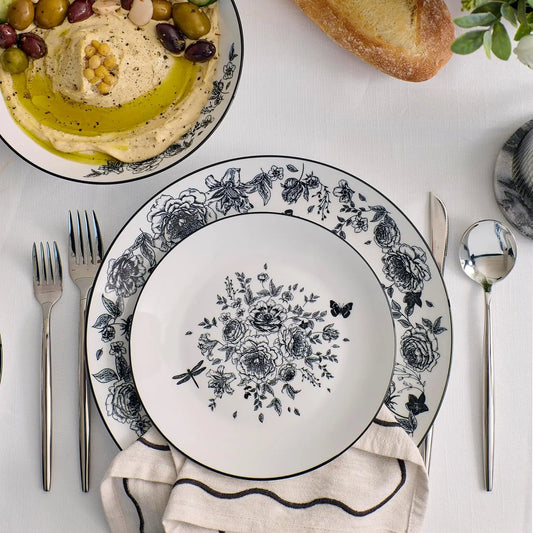 12-Piece Porcelain Dinnerware Set , Plates and Bowls Set, Dish Set for 4, Microwave and Dishwasher Safe, Black