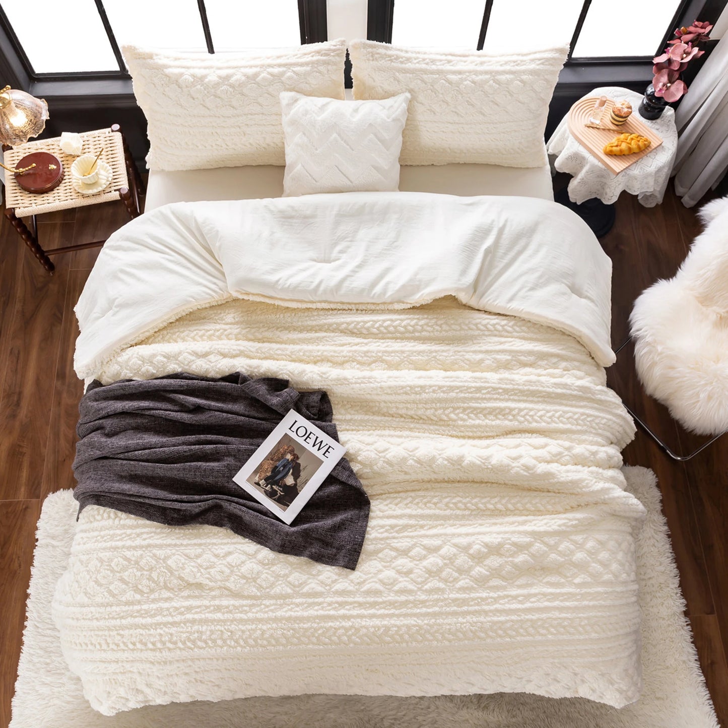 Boho Ivory Sherpa Fleece Comforter Set, Queen, King, Twin