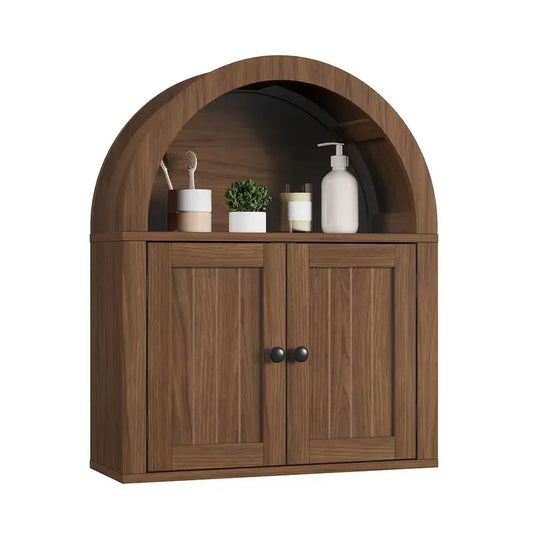Arched Wall Cabinet, Bathroom Cabinet Wall Mount Over The Toilet with Display Shelf, Double Door Medicine Cabinet, Wooden Stora