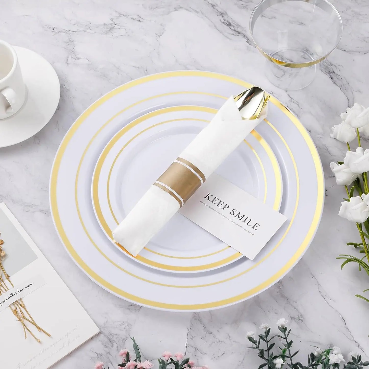 350PCS Gold Disposable Dinnerware Set
