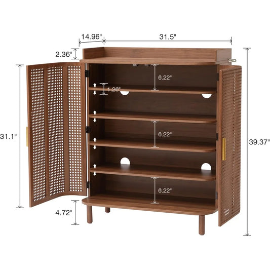 5 Tier Boho Rattan Wooden Shoe Organizer