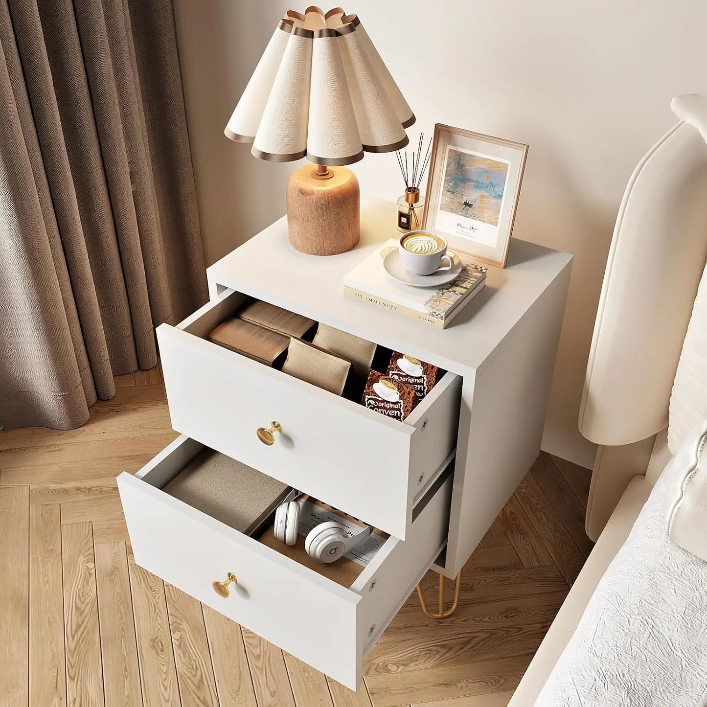 Set of 2, White and Gold Nightstand with 2 Drawers