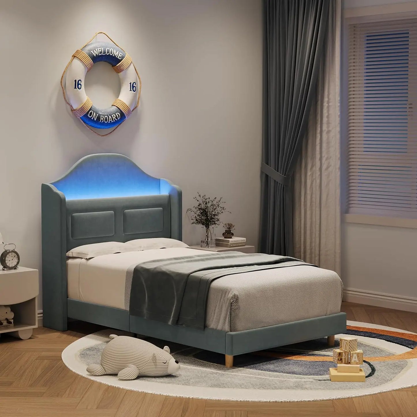 Velvet Platform Twin Bed Frame with LED Lights