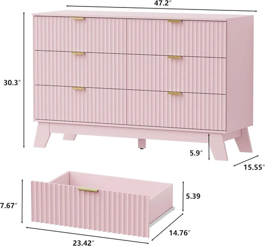 6-Drawer Mid Century Modern Fluted Dresser with Gold Handles,