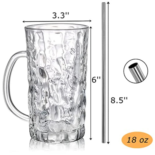 Set of 6 Large 18 Oz Glass Beer Mugs with Handle and Straw Solid Clear Drinking Glassware Designed for Freezer Use Ideal for Se