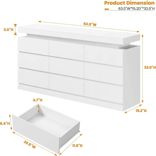 9 Drawer Dresser with LED Lights & Charging Station