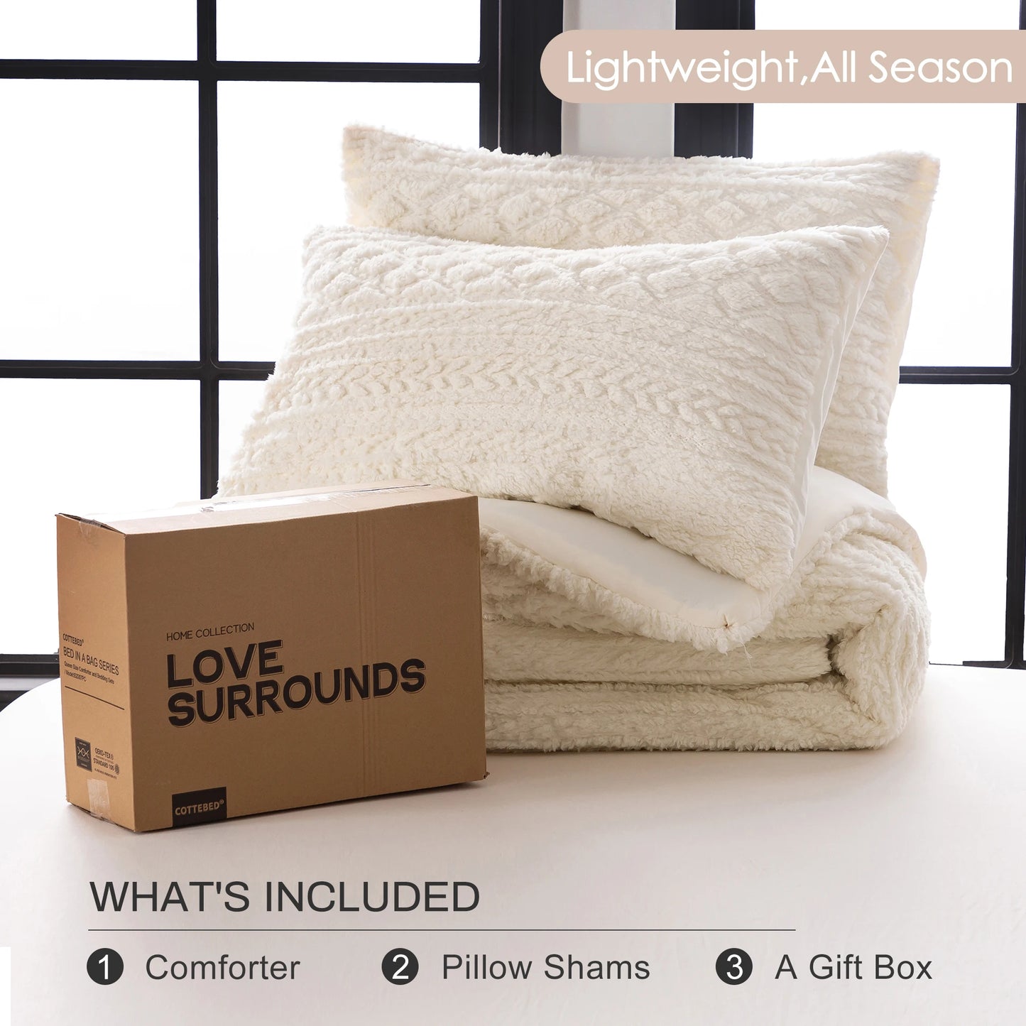 Boho Ivory Sherpa Fleece Comforter Set, Queen, King, Twin