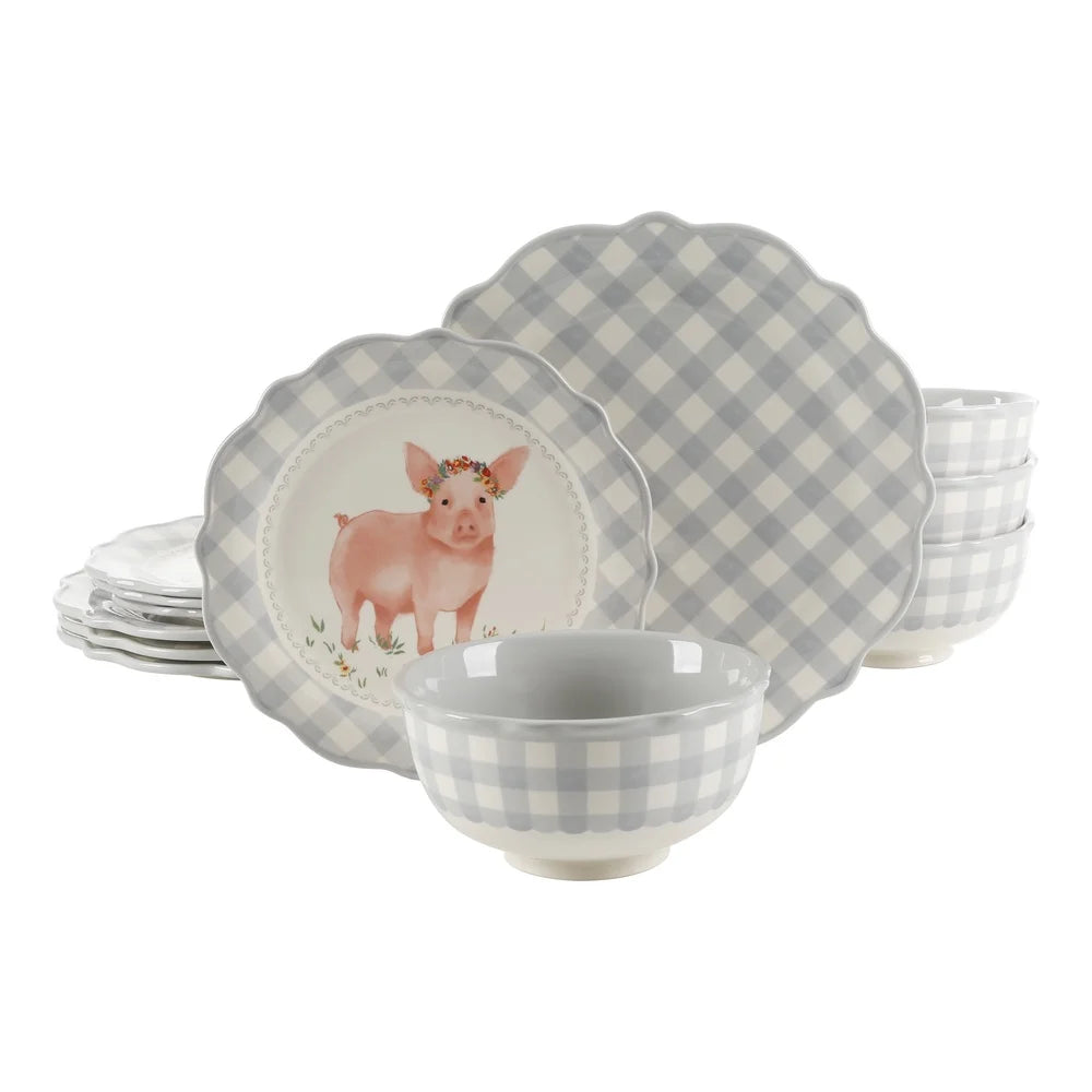 Gingham 12 Piece Dinnerware Set Ceramic Scalloped Edge