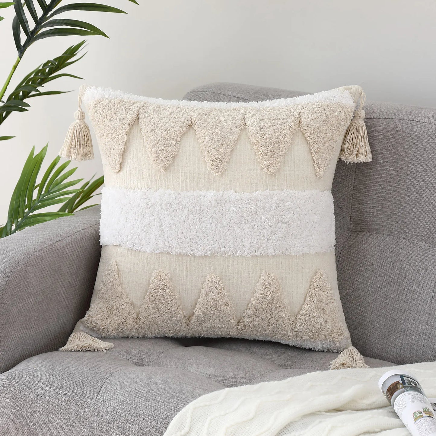 Bohemian Pillow Cover Beige with Fringe for Home Decoration