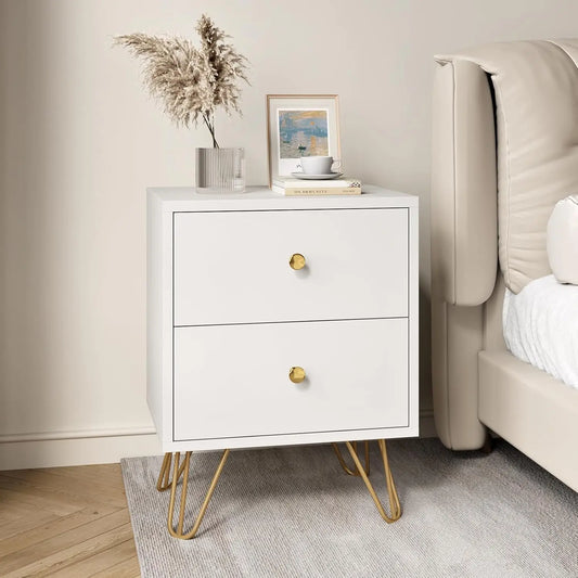 Set of 2, White and Gold Nightstand with 2 Drawers