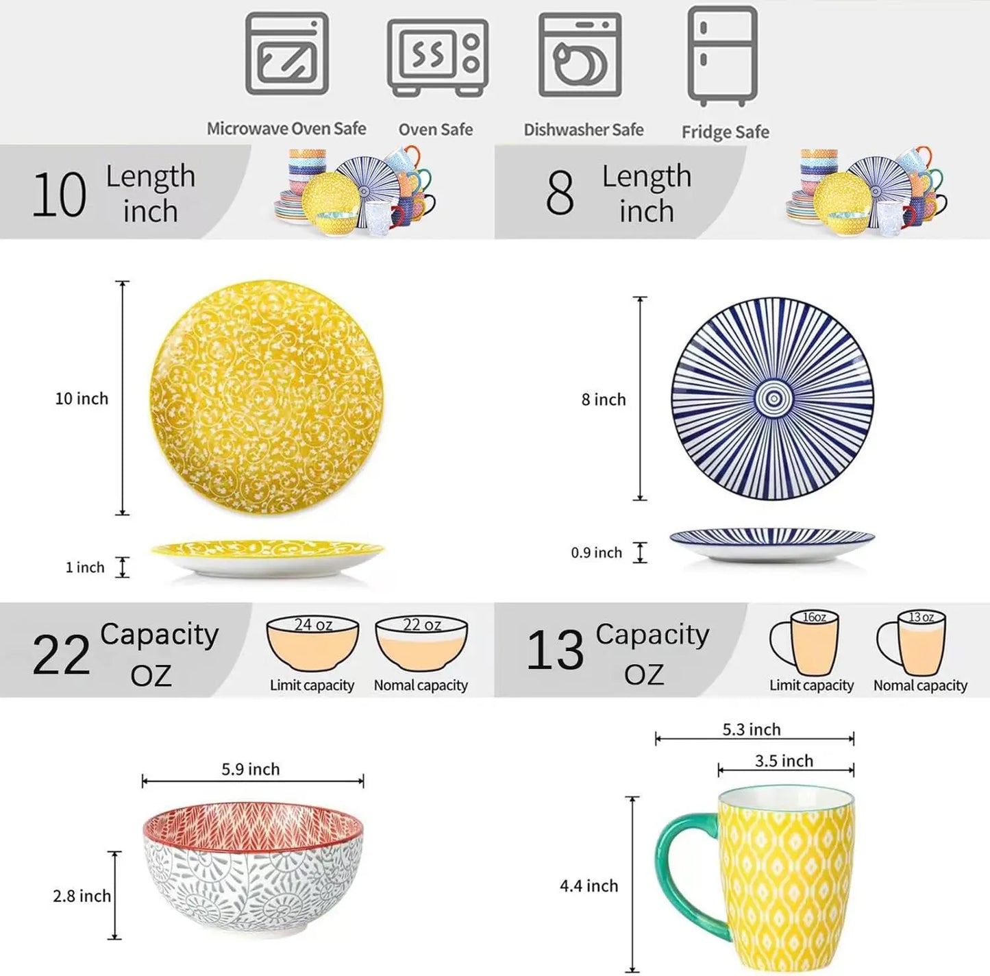 Sets for 6, Ceramic Dinnerware Plates and Bowls Sets