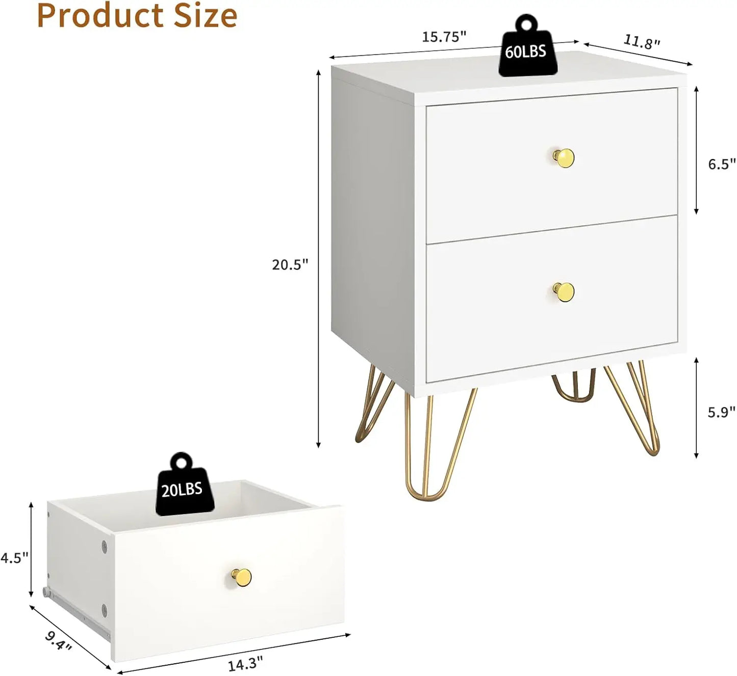 Set of 2, White and Gold Nightstand with 2 Drawers