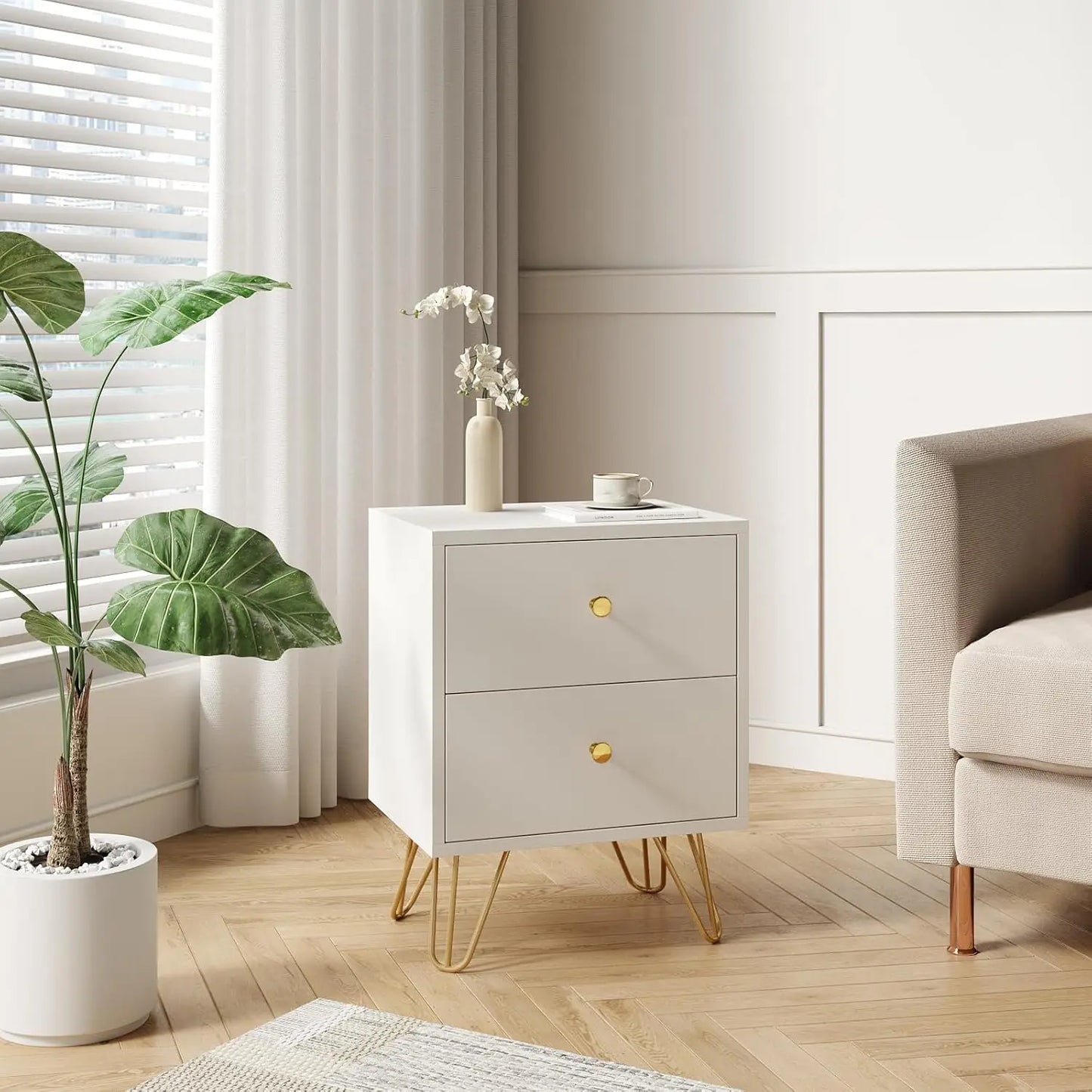 Set of 2, White and Gold Nightstand with 2 Drawers