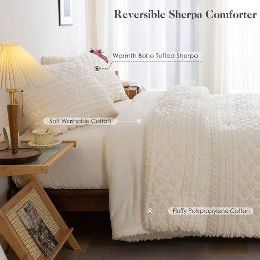 Boho Ivory Sherpa Fleece Comforter Set, Queen, King, Twin