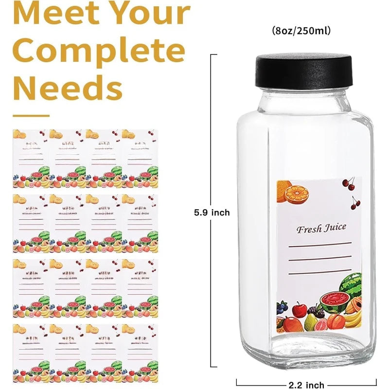 8oz Glass Juice Bottles with Black Lids & Labels-8 Pack