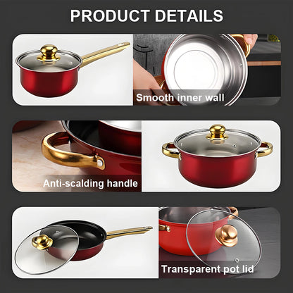 Red Cookware Set, 12-Piece Stainless Steel, Non-Stick, Complete Kitchen Solution