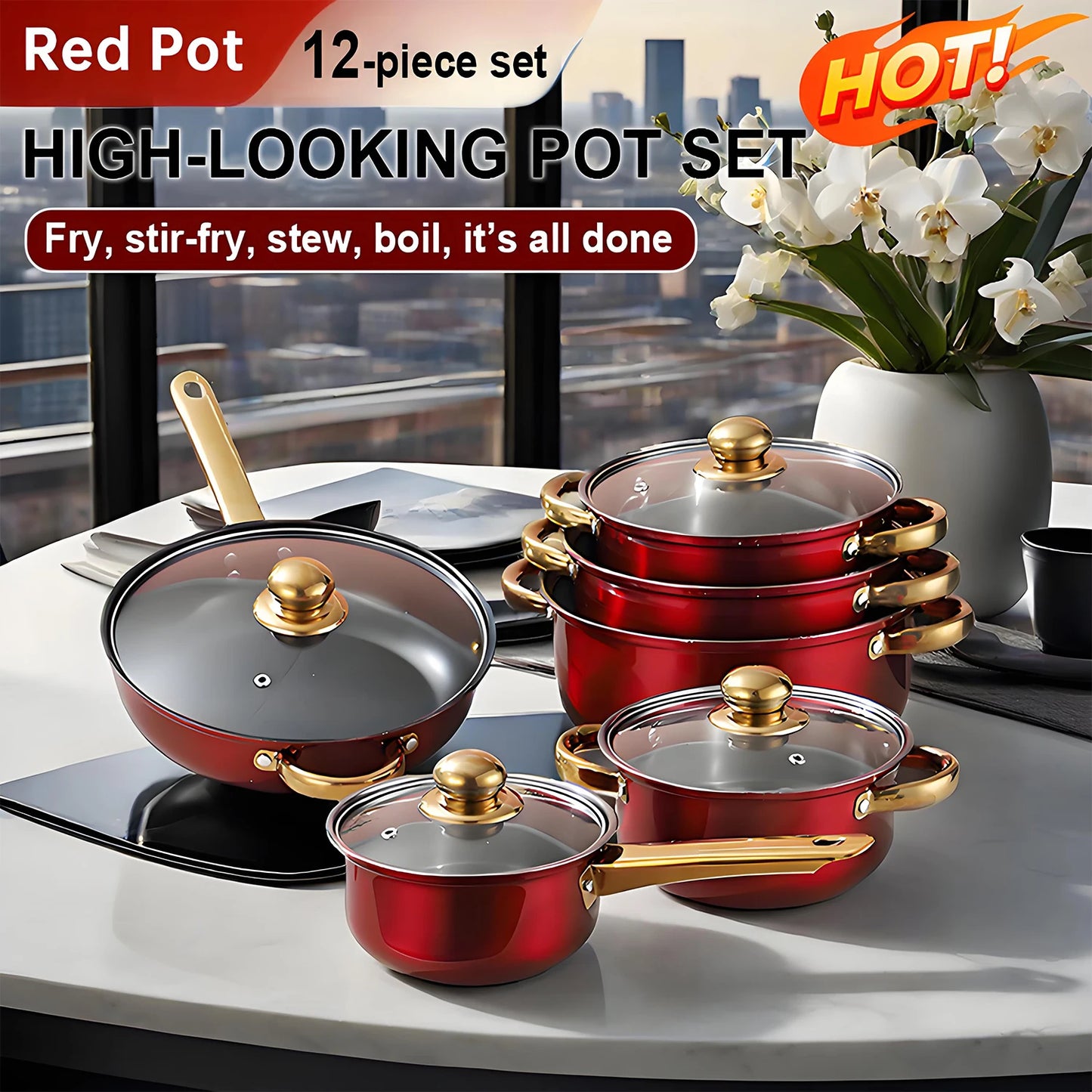 Red Cookware Set, 12-Piece Stainless Steel, Non-Stick, Complete Kitchen Solution