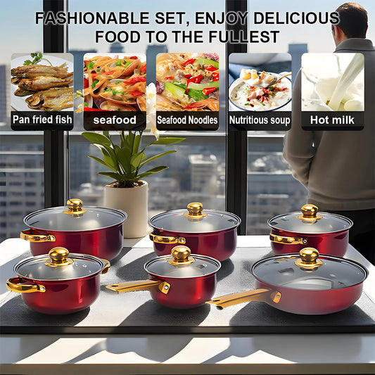 Red Cookware Set, 12-Piece Stainless Steel, Non-Stick, Complete Kitchen Solution
