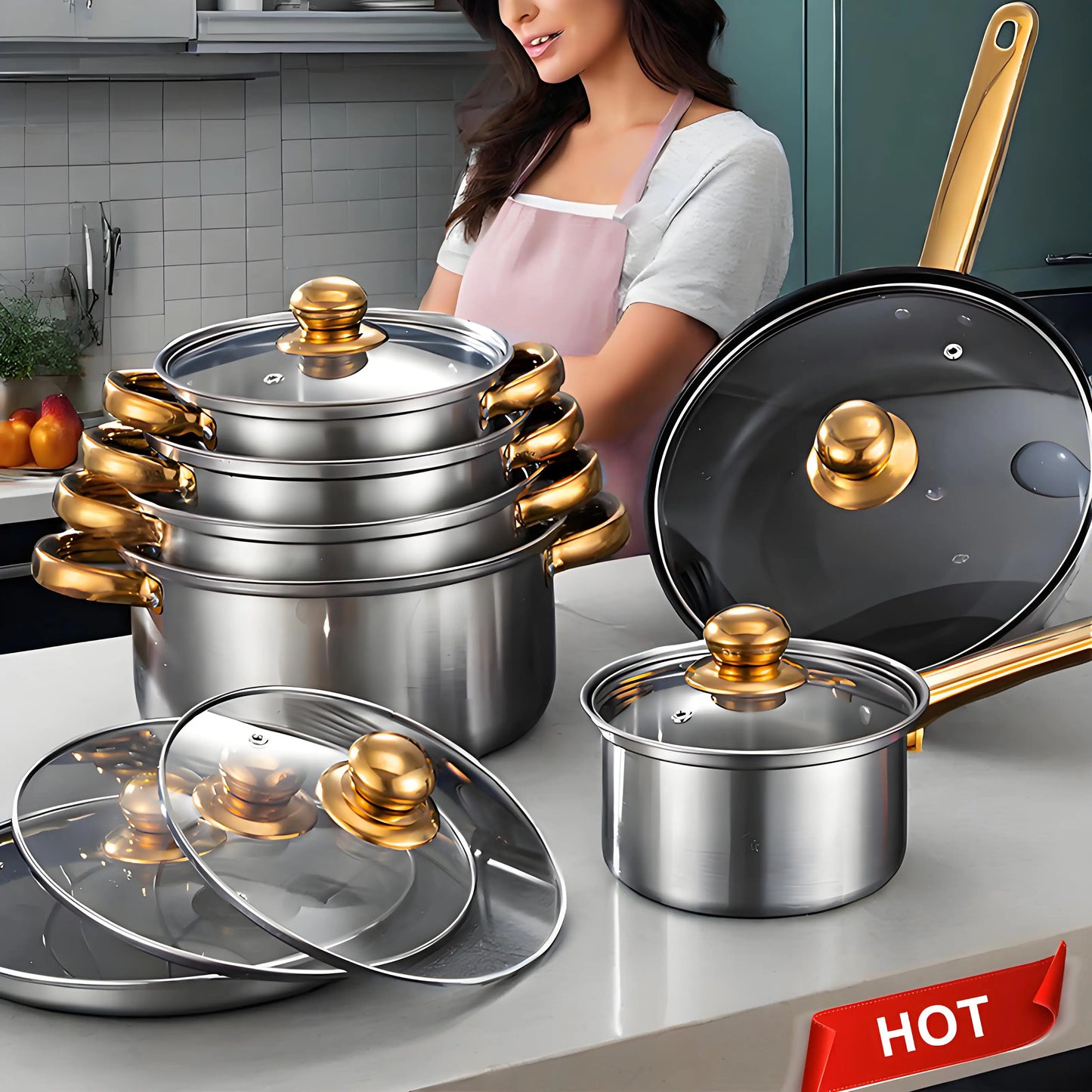 Red Cookware Set, 12-Piece Stainless Steel, Non-Stick, Complete Kitchen Solution
