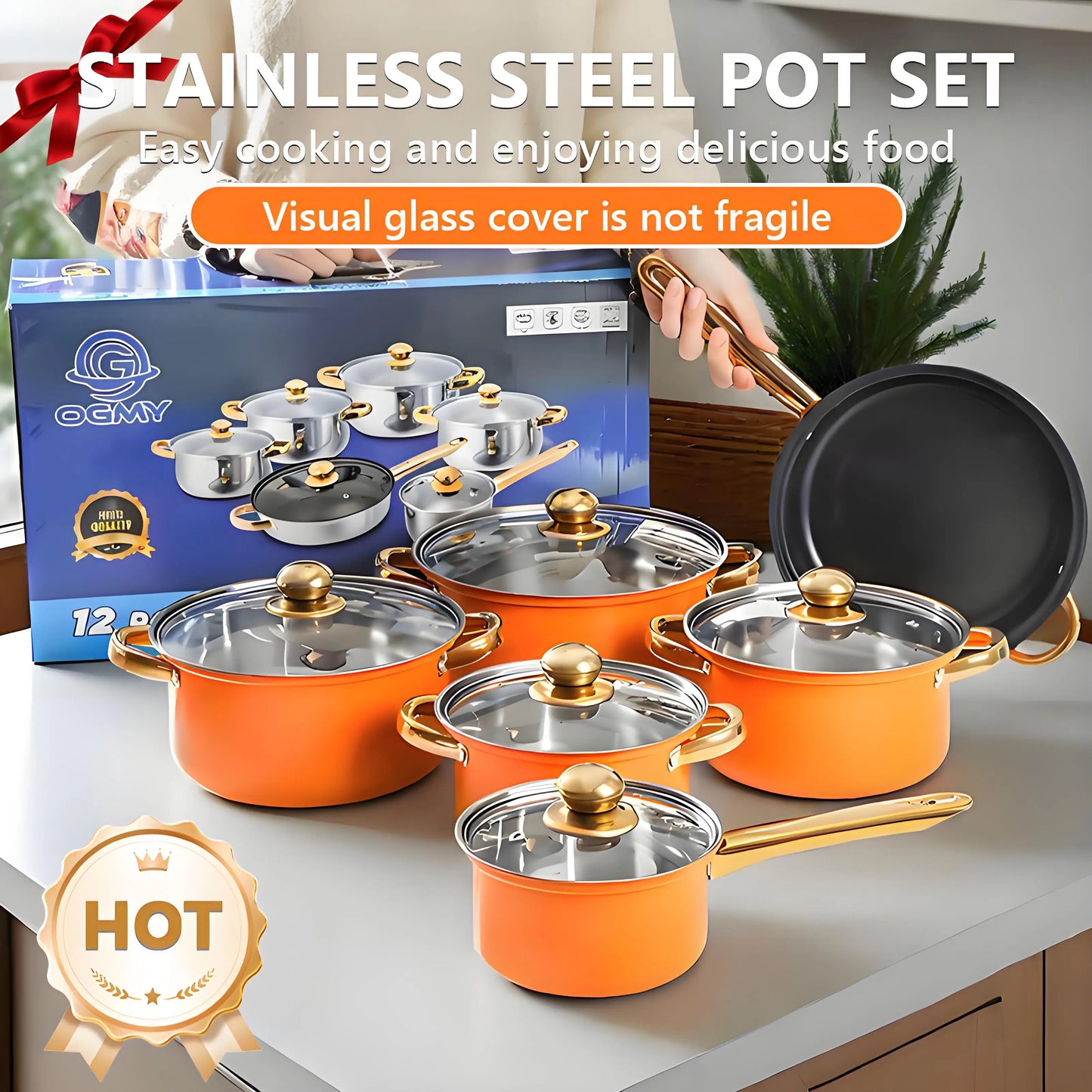 Red Cookware Set, 12-Piece Stainless Steel, Non-Stick, Complete Kitchen Solution