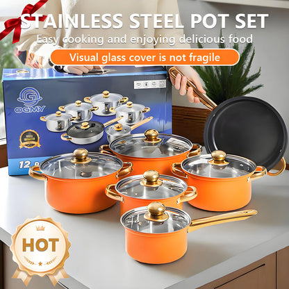 Red Cookware Set, 12-Piece Stainless Steel, Non-Stick, Complete Kitchen Solution