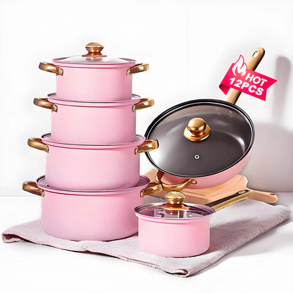 Red Cookware Set, 12-Piece Stainless Steel, Non-Stick, Complete Kitchen Solution