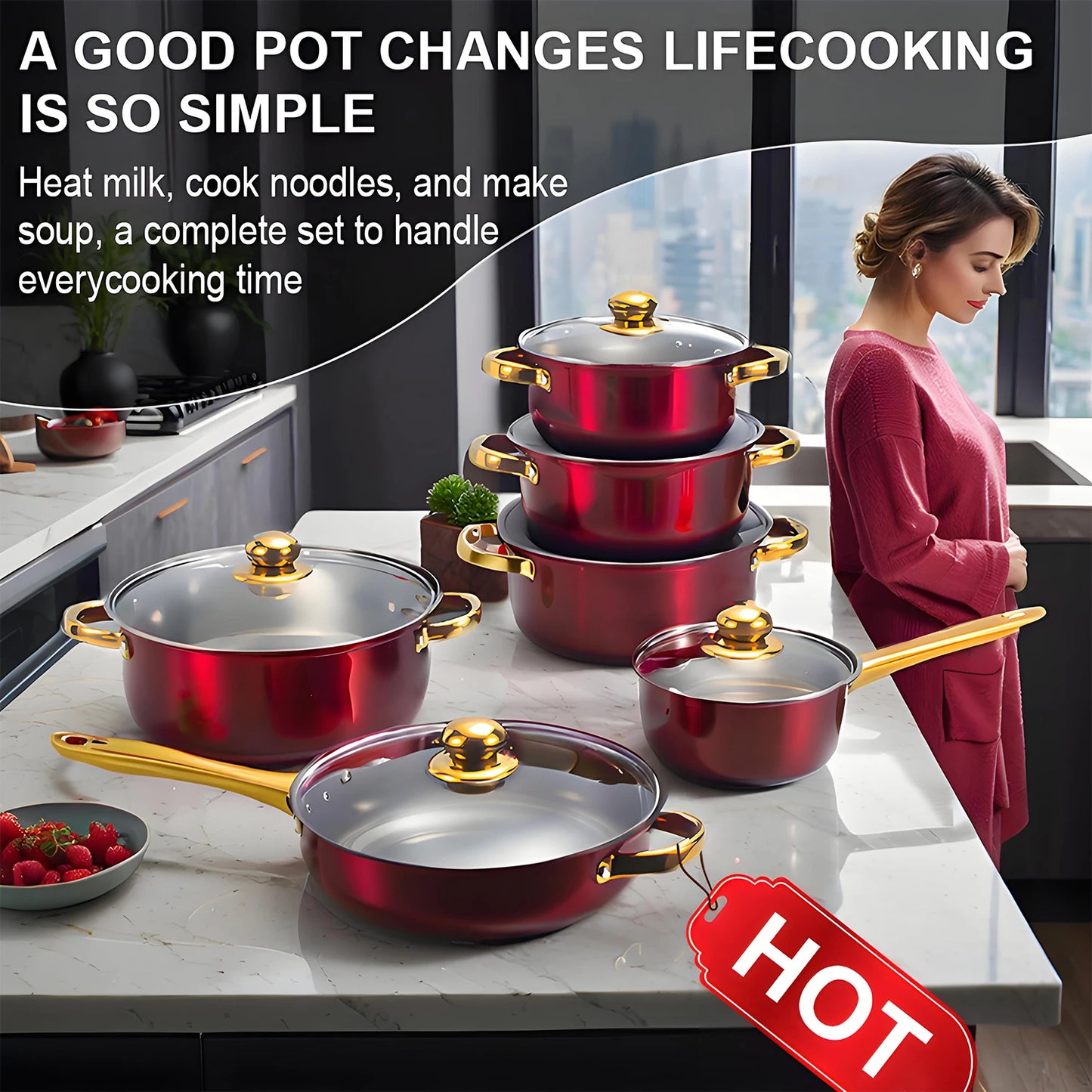 Red Cookware Set, 12-Piece Stainless Steel, Non-Stick, Complete Kitchen Solution