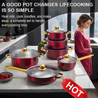 Red Cookware Set, 12-Piece Stainless Steel, Non-Stick, Complete Kitchen Solution