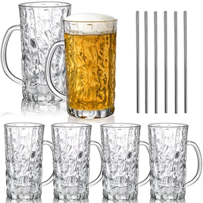 Set of 6 Large 18 Oz Glass Beer Mugs with Handle and Straw Solid Clear Drinking Glassware Designed for Freezer Use Ideal for Se