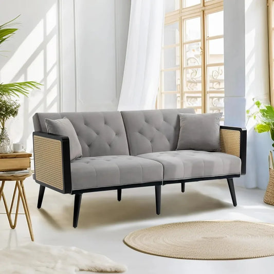 Velvet Loveseat Sofa with Rattan Armrests and 2 Pillows, Modern Convertible
