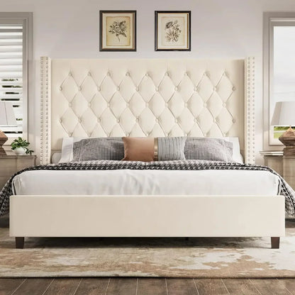 Velvet Deep Button Tufted King Platform Bed Frame