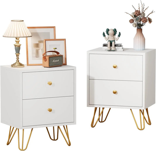 Set of 2, White and Gold Nightstand with 2 Drawers