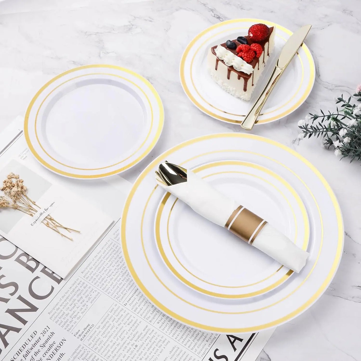 350PCS Gold Disposable Dinnerware Set