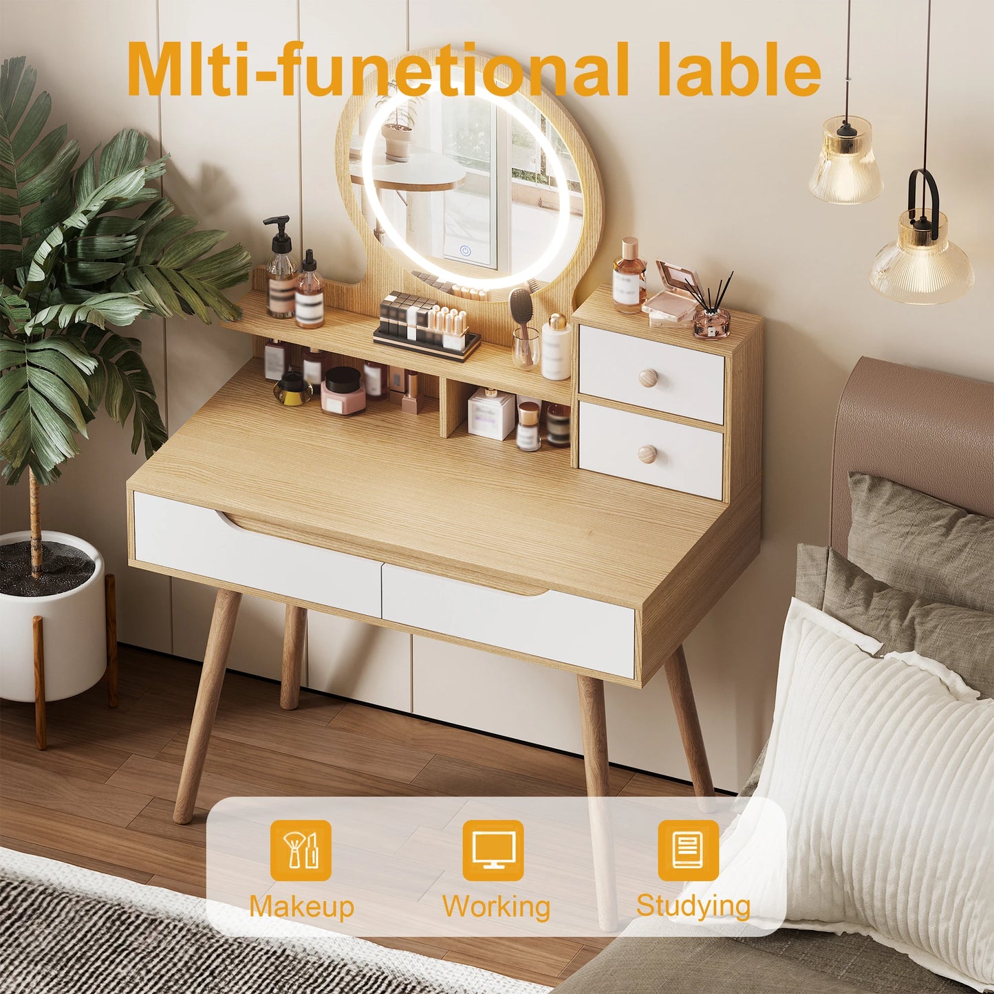 Makeup Vanity with 3 Colors Modes Adjustable Brightness Mirror, 4 Drawers 3 Storage Shelves, Dressing Table Modern Makeup Desk