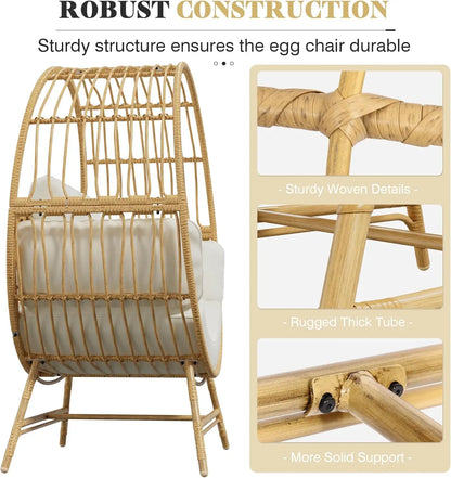 Oversized Egg Chair Indoor/Outdoor Rattan Hanging Basket Chair with Thickened Cushion Supports 350LBS  Wicker Patio Lounge Chair
