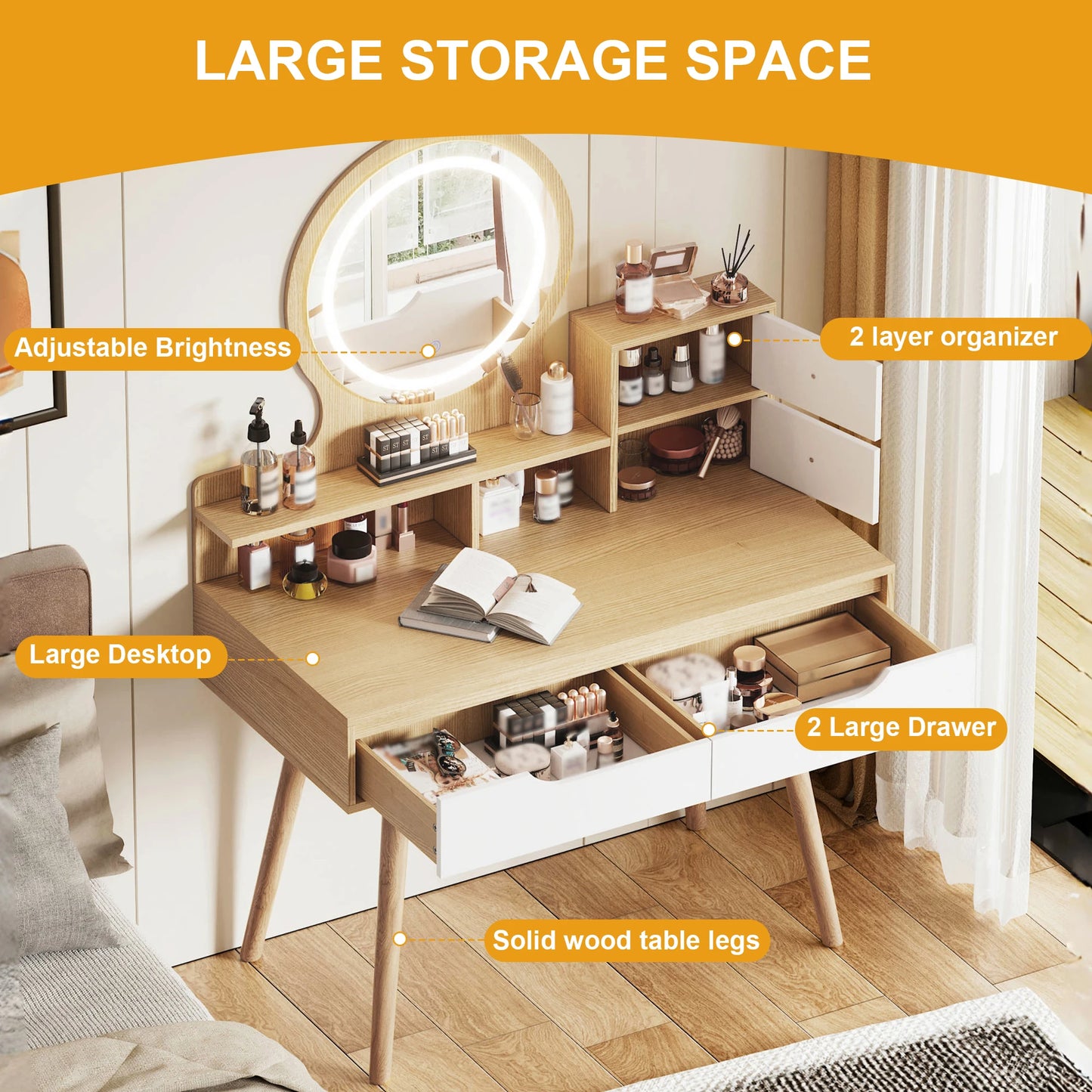 Makeup Vanity with 3 Colors Modes Adjustable Brightness Mirror, 4 Drawers 3 Storage Shelves, Dressing Table Modern Makeup Desk