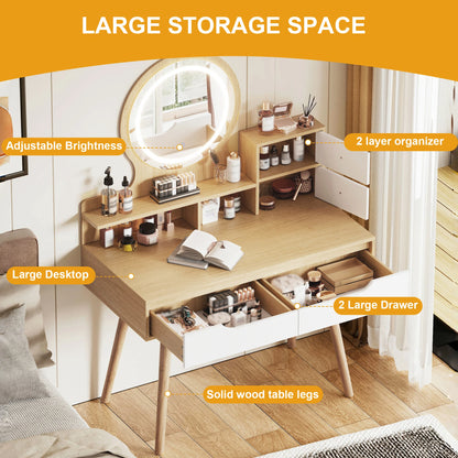 Makeup Vanity with 3 Colors Modes Adjustable Brightness Mirror, 4 Drawers 3 Storage Shelves, Dressing Table Modern Makeup Desk