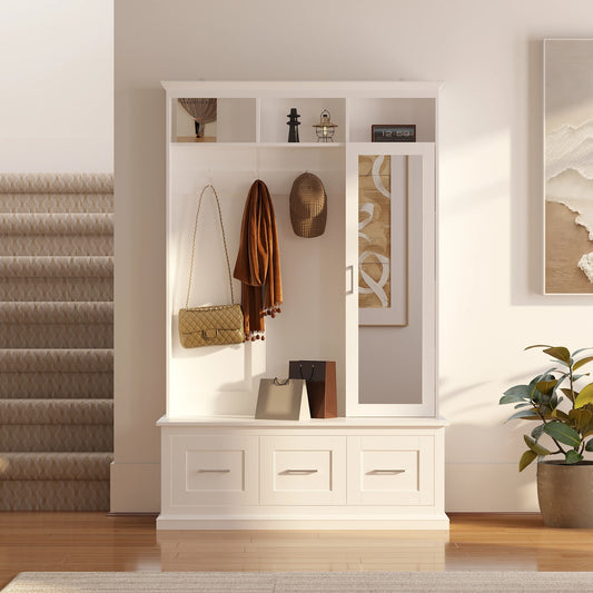 Modern 5-in-1 Hall Tree with Shoe Bench & Mirror Door