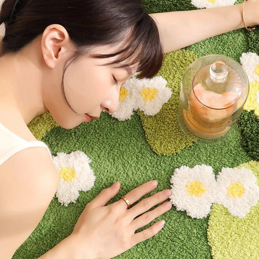 Plush Three-Dimensional Moss Green flower Area Rug
