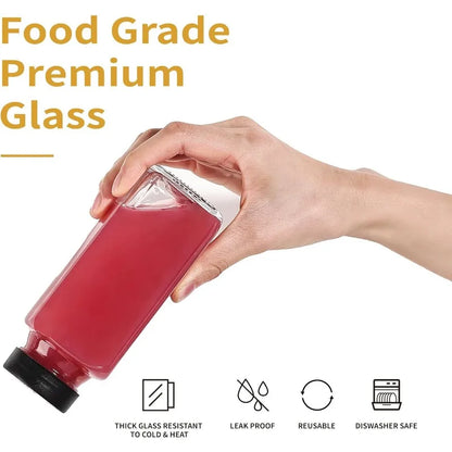 8oz Glass Juice Bottles with Black Lids & Labels-8 Pack