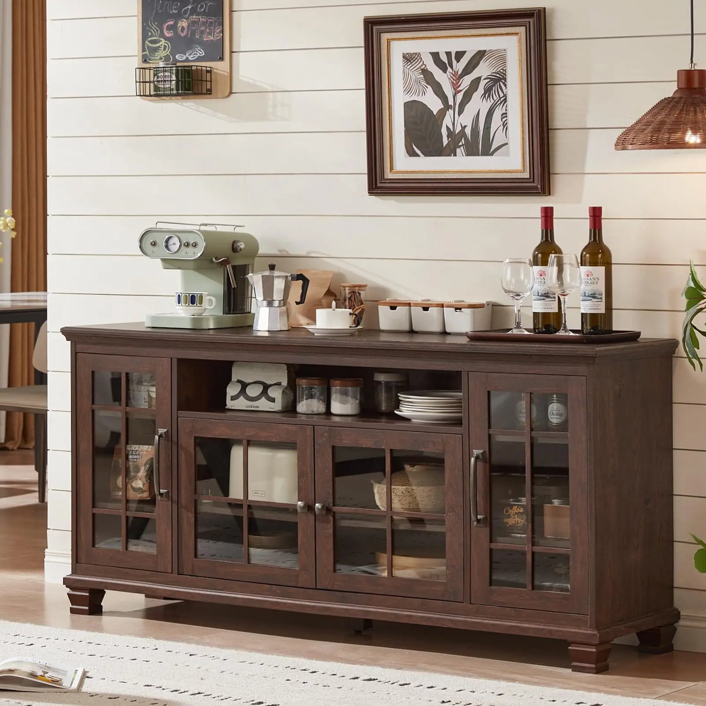 60" Wide Vintage Walnut Farmhouse Credenza