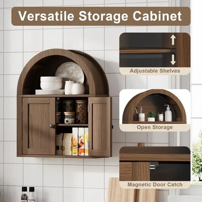 Arched Wall Cabinet, Bathroom Cabinet Wall Mount Over The Toilet with Display Shelf, Double Door Medicine Cabinet, Wooden Stora