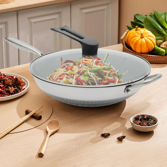 Honeycomb Stainless Steel Wok with Cover