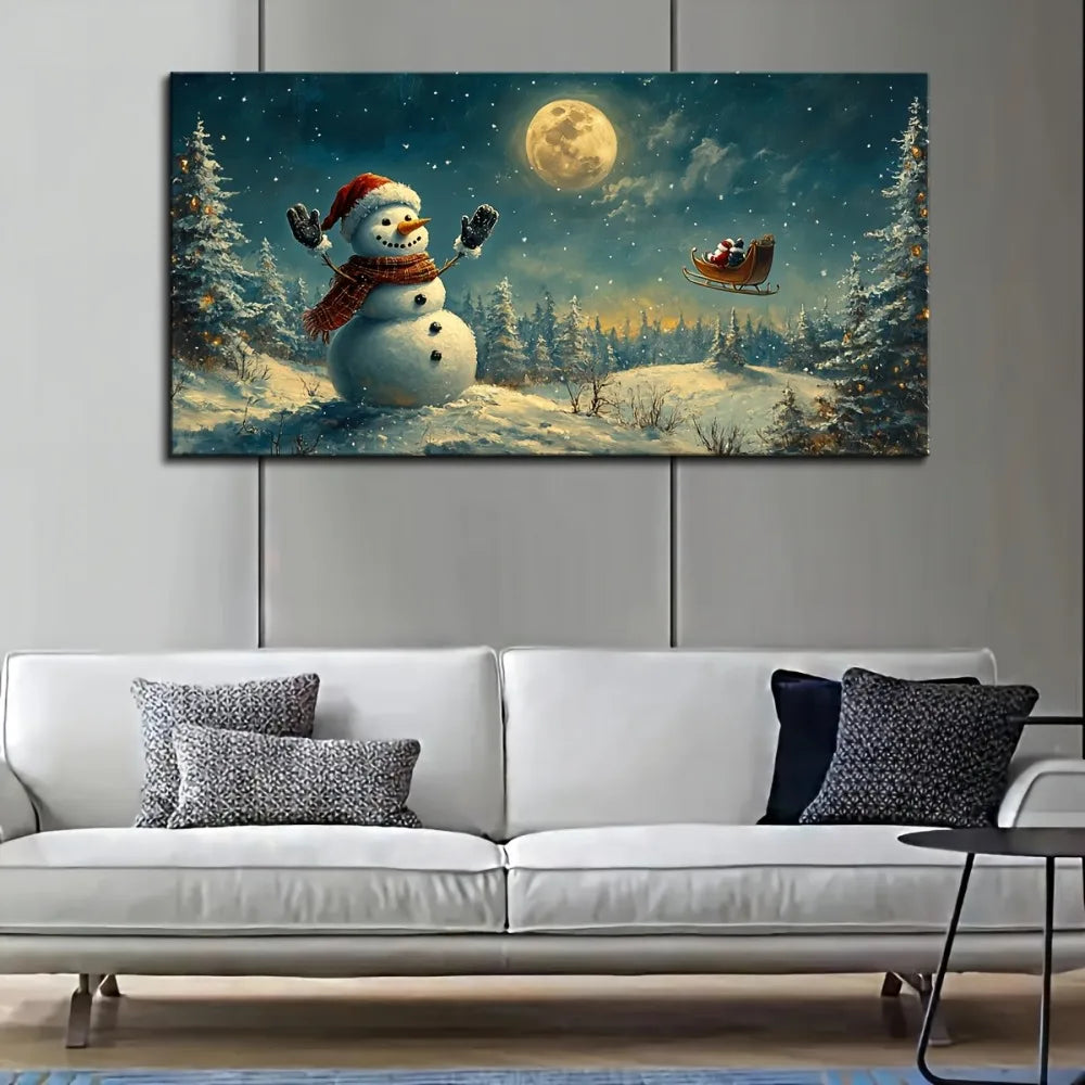 Modern Art Deco Snowmen and Sleigh Winter Scenery