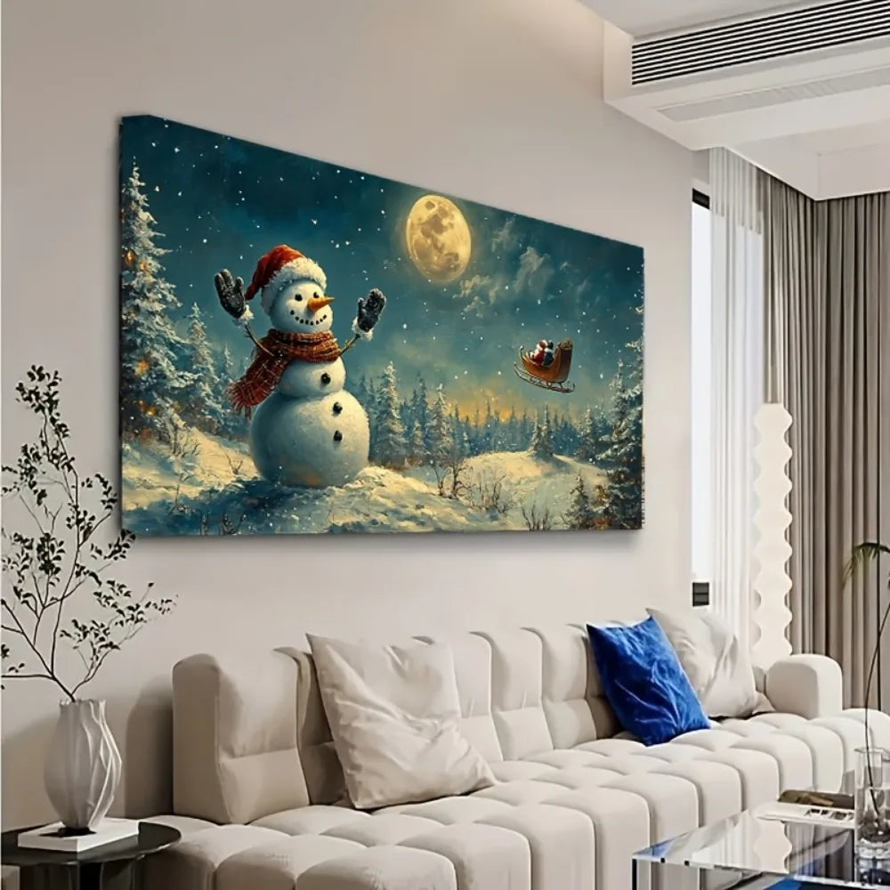 Modern Art Deco Snowmen and Sleigh Winter Scenery