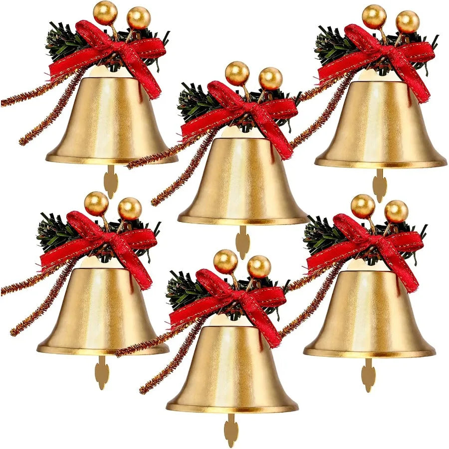 6pcs Gold Christmas Bells with Red Bow