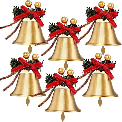 6pcs Gold Christmas Bells with Red Bow