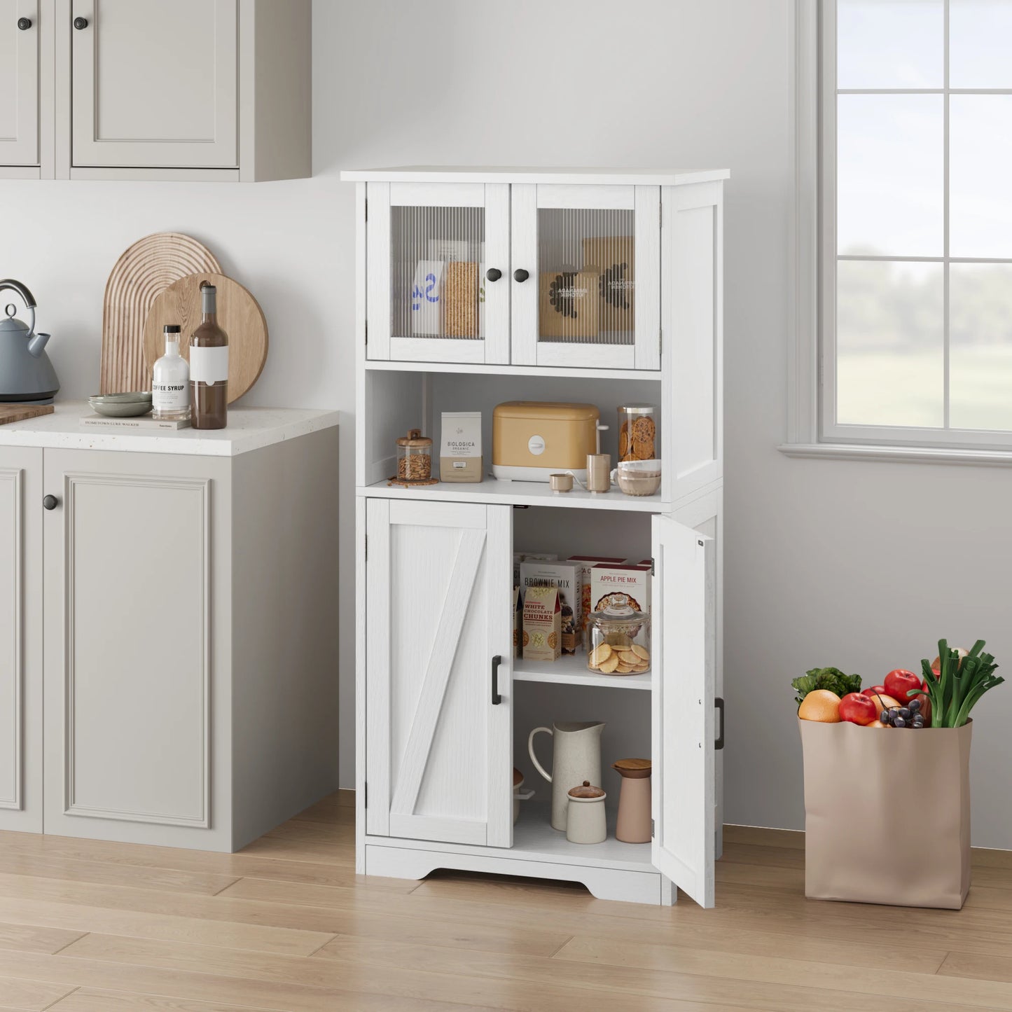 Kitchen Pantry Cupboard with Tempered Glass Doors